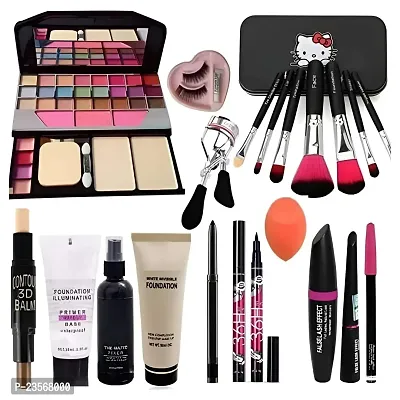 Women's  Girl's TYA 6155 Makeup Kit and 7 Black Makeup Brushes, Matte Fixer, Primer, Contour, Foundation, 3in1 Eyeliners Combo, Kajal 36H Eyeliner, Eyelash with Makeup Sponge - (Pack of 19)-thumb0