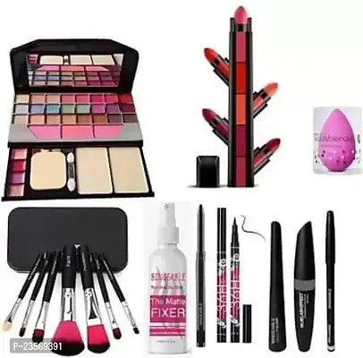 Women's  Girl's TYA 6155 Multicolor Makeup Kit with 7 Black Makeup Brushes, 3in1 Eyeliners Combo, 36H Eyeliner, Kajal, 5 in 1 Lipstick and 1 Pink Beauty Blender - (Pack of 16)