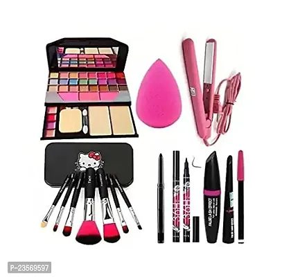 Women's  Girl's TYA 6155 Multicolor Makeup Kit and 7 Black Makeup Brushes,36H Eyeliner, 3in1 Eyeliner Combo, Pink Beauty Blender with Mini Hair Straightener - (Pack of 15)