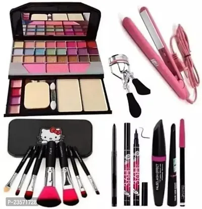 Women's  Girl's TYA 6155 Multicolour Makeup Kit and 7 Black Makeup Brushes, 36H Eyeliner, 3in1 Eyeliner Combo, 1 Eyelash Curler with 1 Mini Hair Straightener - (Pack of 15)