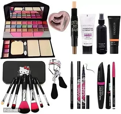 Women's  Girl's TYA 6155 Makeup Kit with 7 Black Makeup Brush, Contour, Fixer, Primer, Foundation, Kajal, 36H Black Eyeliner, 3in1 Combo, Eyelashes and Curler - (Pack of 11), Multicolor