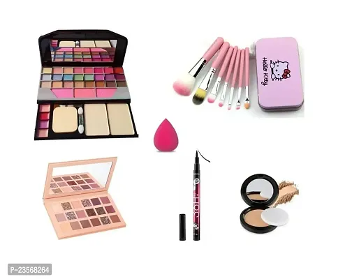 Women's  Girl's TYA 6155 Multicolor Makeup Kit with 7 Pink Makeup Brushes, 1 Nude Eyeshadow Palette, 1 Compact Powder, 36H Eyeliner and 1 Pink Beauty Blender - (Pack of 12)