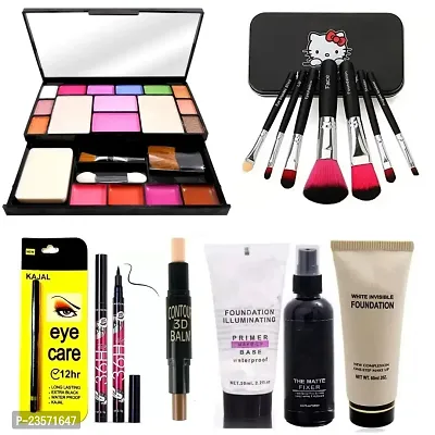 Women's  Girl's TYA 6171 Multicolour Makeup Kit with 7 Black Makeup Brushes, Matte Fixer, Primer, Foundation, Contour, 36H Eyeliner and Kajal Pencil - (Pack of 14)