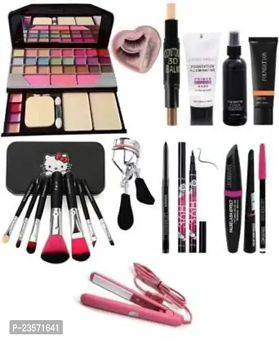 Women's  Girl's TYA 6155 Makeup Kit with 7 Black Makeup Brush, Hair Straightener, Fixer, Primer, Contour, Foundation, Eyelashes, Glue, Curler, Kajal, 36H and 3in1 Combo - (Pack of 20)