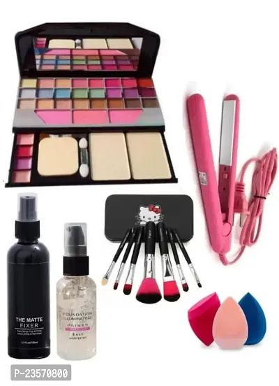 Women's  Girl's TYA 6155 Multicolor Makeup Kit and 7 Black Makeup Brushes,1 Matte Fixer,1 Makeup Base Primer, 1 Mini Hair Straightener with 3 Beauty Blenders - (Pack of 14)