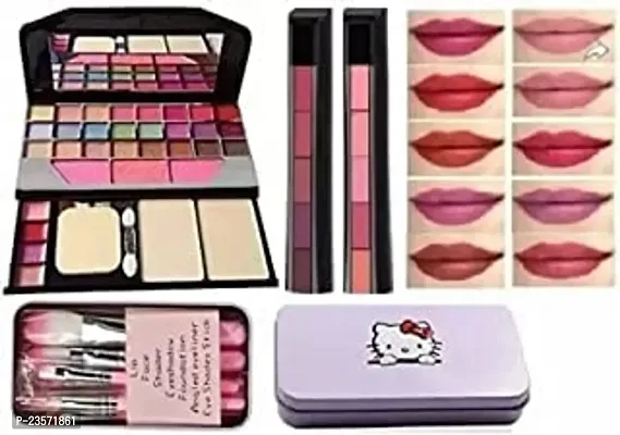 Women's  Girl's TYA Fashion 6155 Multicolour Makeup Kit and 7 Pink Makeup Brushes Set with 2 Pieces Crayon Matte Lipstick (Red +Nude) - (Pack of 10)