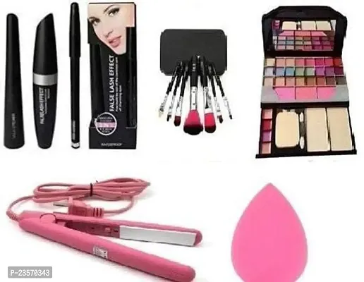 Women's  Girl's TYA 6155 Multicolor Makeup Kit and 7 Black Makeup Brushes, 1 Mini Hair Straightener, 1 Pink Beauty Blender with 3in1 Eyeliner Combo - (Pack of 13)