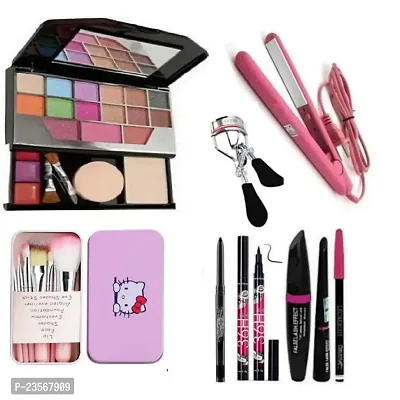 Women's  Girl's TYA 5024 Multicolour Makeup Kit and 7 Black Makeup Brushes, 36H, 3in1 Eyeliner, Mascara, Eyebrow Pencil, Kajal,1 Curler with 1 Hair Straightener - (Pack of 15)-thumb0