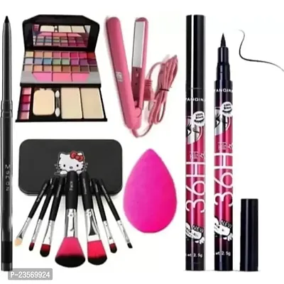 Women's  Girl's TYA 6155 Multicolor Makeup Kit with 7 Black Makeup Brush Set, 1 Mini Hair Straightener, 36H Eyeliner, 1 Kajal,1 Pink Puff - (Pack of 12)-thumb0