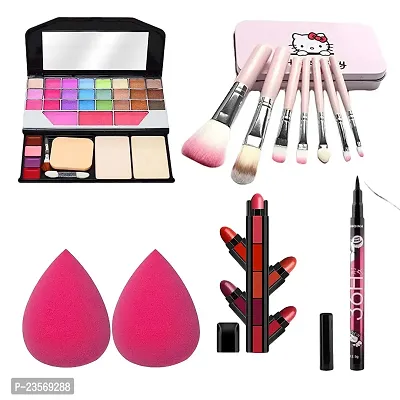 Women's  Girl's TYA Fashion 6155 Multicolour Makeup Kit and 7 Pink Makeup Brushes Set, 36H Black Eyeliner, 5 Shades Lipstick with 2 Pink Beauty Blenders - (Pack of 12)