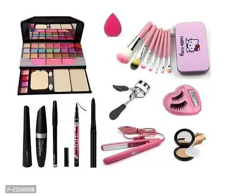 Women's  Girl's TYA 6155 Makeup Kit with 7 Pink Makeup Brushes, 1 Compact Powder, 1 Curler, Eyelash, 3in1 Eyeliner Combo, 36H, Kajal, Beauty Blender and 1 Hair Straightener - (Pack of 18)