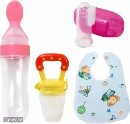 Baby Spoon Feeder ,Bib ,Fruit Nibbler With Finger Brush For Teeth Cleaning Teether And Feeder