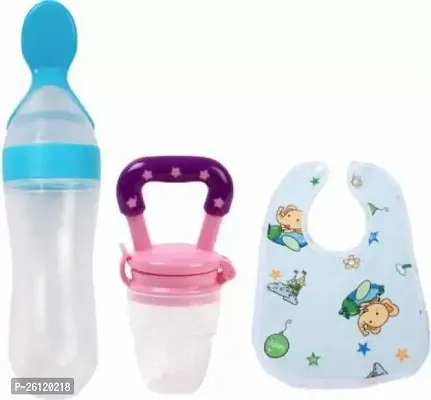 Spoon Feeding Bottle With Nibbler And Bib/Appron For New Born Baby Combo Set Teether