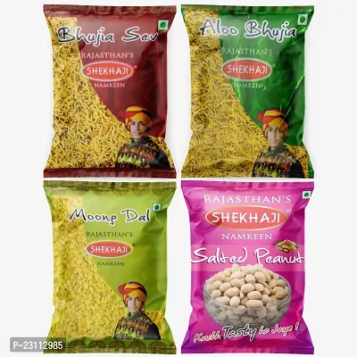 Shekhaji Assorted Namkeen Combo 400g (Pack of 4, 100gm Each)Bhujia Sev, Aloo Bhujia, Moong Dal, Salted Peanuts,