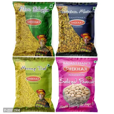Shekhaji Assorted Namkeen Combo 400g (Pack of 4, 100gm Each)Aloo Bhujia, Navratan Mix, Moong Dal, Salted Peanuts,