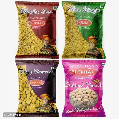 Shekhaji Assorted Namkeen Combo 400g (Pack of 4, 100gm Each)Bhujia Sev, Aloo Bhujia, Tasty Peanuts, Salted Peanuts,
