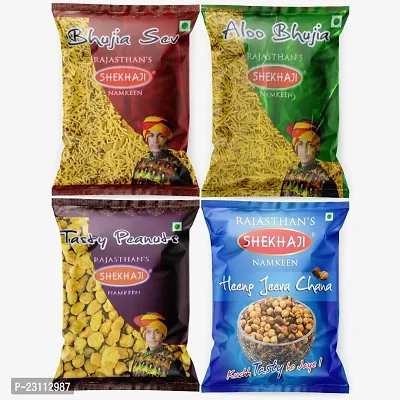 Shekhaji Assorted Namkeen Combo 400g (Pack of 4, 100gm Each)Bhujia Sev, Aloo Bhujia, Tasty Peanuts, Heeng Jeera Chana,