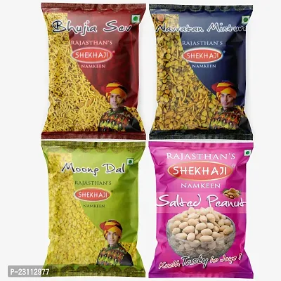 Shekhaji Assorted Namkeen Combo 400g (Pack of 4, 100gm Each)Bhujia Sev, Navratan Mix, Moong Dal, Salted Peanuts,