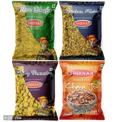 Shekhaji Assorted Namkeen Combo 400g (Pack of 4, 100gm Each)Aloo Bhujia, Navratan Mix, Tasty Peanuts, Chana Jor,