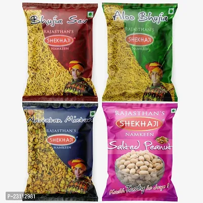Shekhaji Assorted Namkeen Combo 400g (Pack of 4, 100gm Each)Bhujia Sev, Aloo Bhujia, Navratan Mix, Salted Peanuts,-thumb0