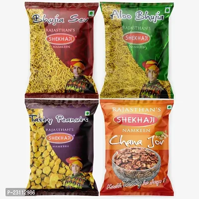 Shekhaji Assorted Namkeen Combo 400g (Pack of 4, 100gm Each)Bhujia Sev, Aloo Bhujia, Tasty Peanuts, Chana Jor,-thumb0