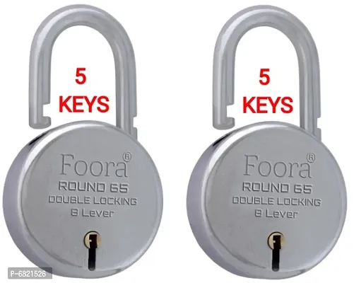 Foora Lock Round 65mm with 5 Key, Link Steel Double Locking, 8 Lever Padlock for Door, Gate, Shutter ( Finish Silver ) (Pack of 2)
