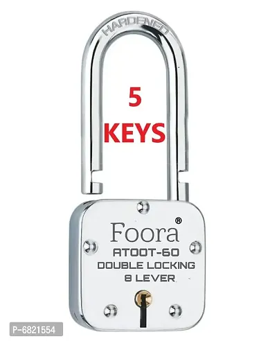 Foora Lock and Key Door Lock for Home Link atoot 60mm Long Lock with 5 Keys Padlock for Shop, Iron gate, Shutter(Silver Finish)