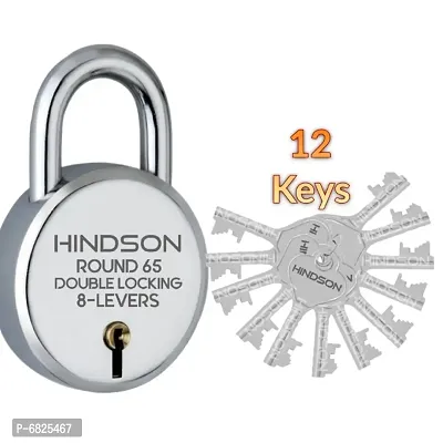 HINDSON Lock Round 65mm with 12 Key, Link Steel Double Locking, 8 Lever Padlock for Door, Gate, Shutter ( Finish Silver )