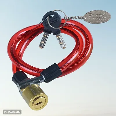 Foora Multipurpose Steel Cable Lock CL-02 Brass Coated Lock for Cycles, Bikes, Gate, Helmets and Scooters with 2 Ultra Brass Molded Keys (22 inch Approx.) Free Key Chain (Red)