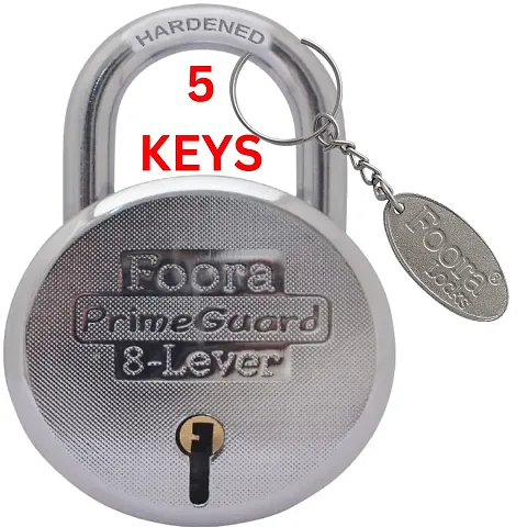 Foora PrimeGuard Lock and Keys Door Lock for Home Round 65mm Padlock with 5 Keys Double Locking 8 Lever gate, Shop Shutter (PrimeGuard Hardened Shackle)