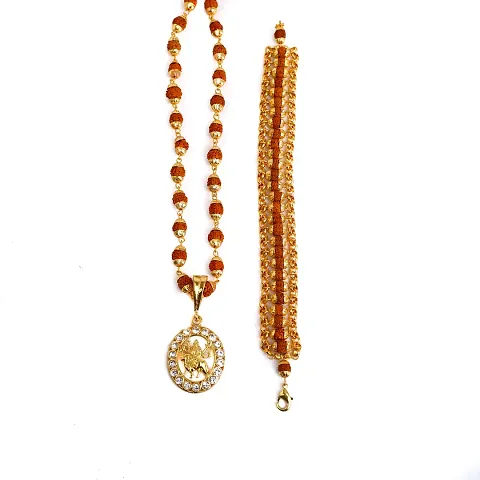 Men's Traditional Gold-Plated Brass Locket With Puchmukhi Rudraksha Mala And Bracelet