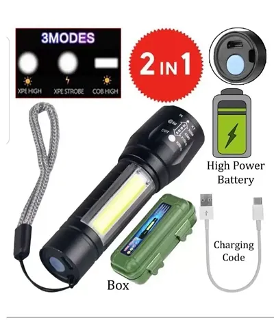 New 2 in 1 Rechargeable Battery Penlight Waterproof Light Led Flashlight Torch 7W Flashlight Torch Zoomable Flashlight - Pack of 1