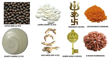 CHEZEL? Combo of Lotus Seed White LAXMI Cowry GOMTI Chakra (21 PCS Each) Kali HALDI Dry 4 PCS TRISHAKTI Yantra KUBER KUNJI 6 MUKHI RUDRAKSHA (1 PC Each) ASTAGANDHA Chandan 25 GMS-thumb1