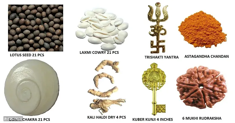 CHEZEL? Combo of Lotus Seed White LAXMI Cowry GOMTI Chakra (21 PCS Each) Kali HALDI Dry 4 PCS TRISHAKTI Yantra KUBER KUNJI 6 MUKHI RUDRAKSHA (1 PC Each) ASTAGANDHA Chandan 25 GMS-thumb2