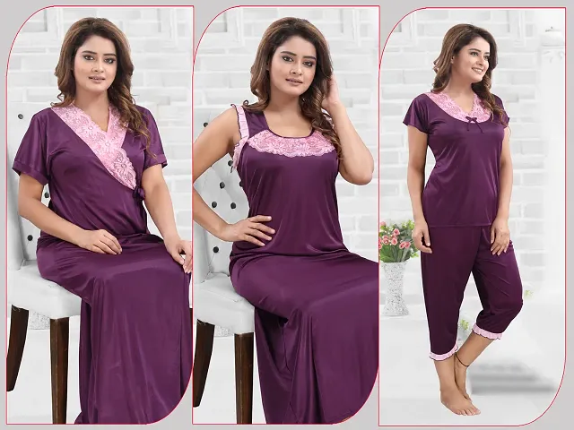 New Launched!! Designer Lace Work Nightwear Set(Robe, Sleeveless Nighty, Top Capri Set)