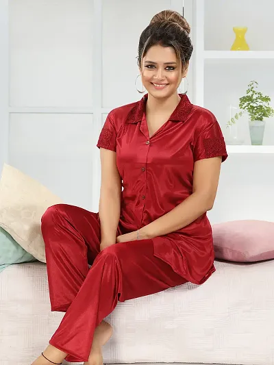 Premium Quality Plain Satin Nightsuit For Women/Shirt Pajama Set