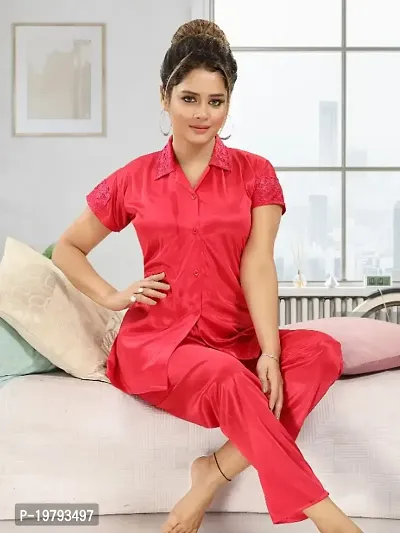 Premium Quality Plain Satin Nightsuit For Women/Shirt Pajama Set