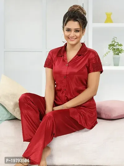 Premium Quality Plain Satin Nightsuit For Women/Shirt Pajama Set-thumb0