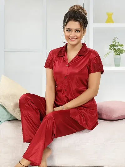 Premium Quality Plain Satin Nightsuit For Women/Shirt Pajama Set