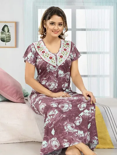 Hosiery Floral Embroidery Feeding/Maternity Nighty/Night Gown For Women