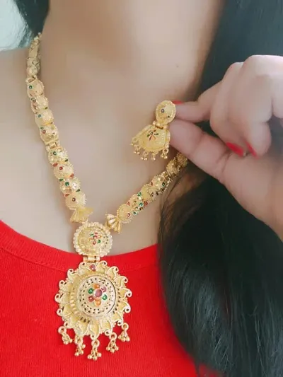 Traditional Gold Plated Brass Long Necklace Set