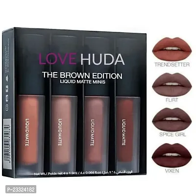 LOVE HUDA Professional Waterproof Long Lasting Multicolor Liquid Mini Matte Lipstick Brown Edition With Lip Liner For Girls And Women Pack-thumb0