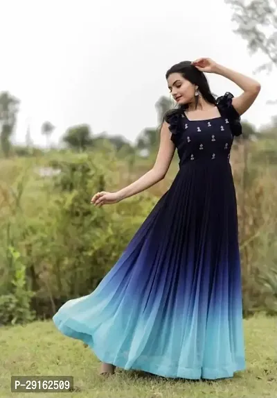 Stylish Navy Blue Georgette Stitched Gown For Women-thumb0