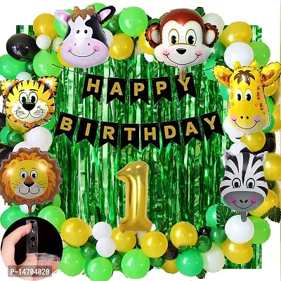 Jungle Theme Birthday Decoration 1st / 1 Year Birthday Decoration for Girl and Boy 52 Items Kit Combo 6 Animal foil Balloons.-thumb0