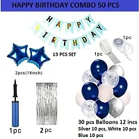 Dark Blue With Silver Happy Birthday Decoration Wife and Husband Items Kit Combo Set Birthday Bunting Silver Foil Curtain Metallic Confetti Balloons With Hand Balloon Pump And Glue Dot - 50 pieces-thumb2