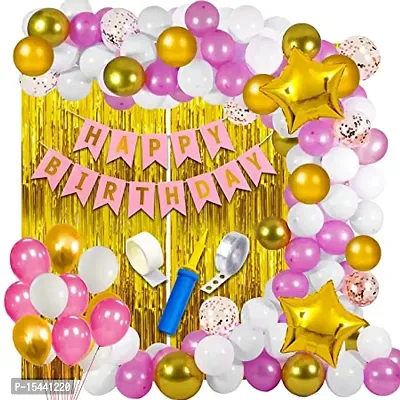 Pink Happy Birthday Decoration Kit For Girls Wife Girlfriend 48Pcs Combo Set Banner Golden Foil Curtain Balloon Metallic Confetti Girls Birthday Decoration Items Kids Birthday Decoration Items-thumb0