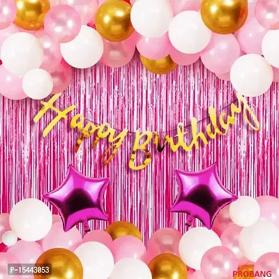 Happy Birthday Decorations For Girls Combo Set- Pink White Gold Metallic Balloons, Happy Birthday Banner, Foil Curtain, Star Foil Balloons,birthday decoration items for baby, girl, women party-thumb0