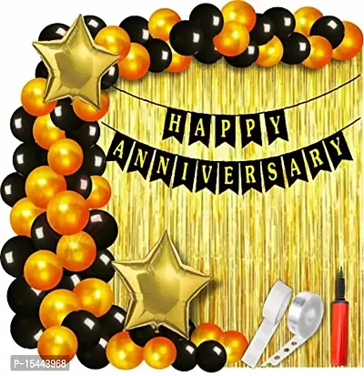 38​ Pcs​ ​Happy​ Anniversary ​​Banner set Combo​ with Black gold balloons star foil balloons ​ for Birthday Decoration Party Supplies with foil curtains, Beautiful Anniversary balloons for decorations