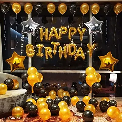 PACK OF 35Pcs Birthday Decorative Combo set for 1 Pcs Golden happy birthday foil balloon + 15 Pcs Gold  15 Pcs Black Metallic Balloons + 2 Pcs Gold + 2 Pcs Silver Star Foil,Star Ballon Kids,Husband,