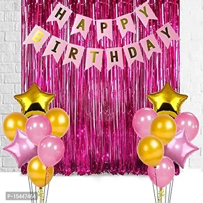 17Pcs Happy Birthday Foil Curtain, Banner and Balloons Decoration Items Combo for Birthday Supplies for Girls, Wife 17Pcs Pink Happy Birthday Decoration Combo Includes: 2Pcs Pink Foil curtain, 1Pc hap-thumb0